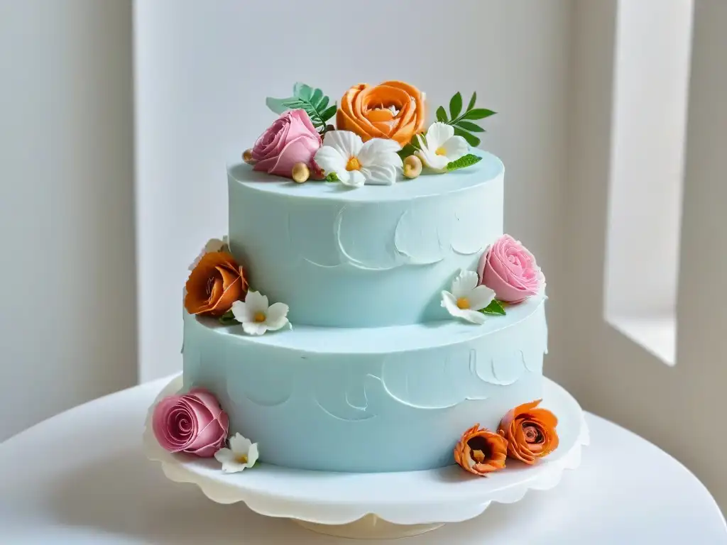 Exquisita colaboración influencers pastelería marca: pastel decorado en tonos pastel con detalles florales detallados en mármol blanco