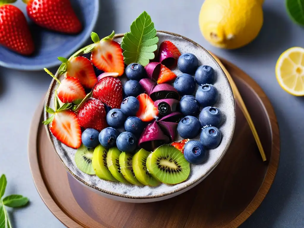 Una exquisita y colorida ensalada de açaí con frutas frescas, semillas de chía y coco en un elegante bol blanco