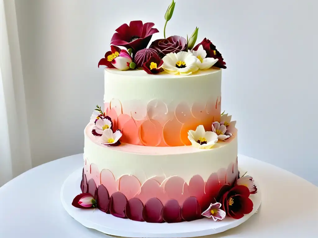 Exquisita combinación de colores comestibles en repostería: ombre cake con transición de tonos de burgundy a blush pink, adornado con flores delicadas