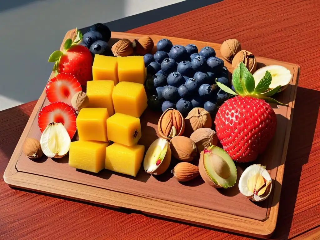 Una exquisita combinación de frutas orgánicas y frutos secos en una tabla de madera moderna