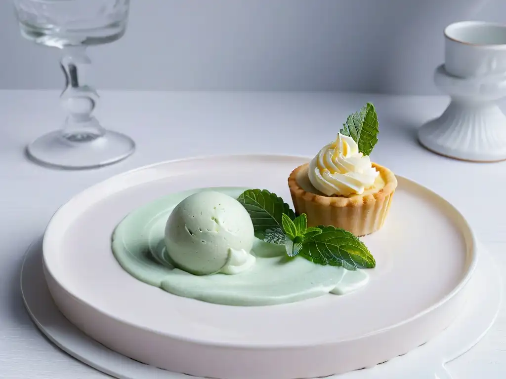 Una exquisita combinación de repostería con hierbas: helado de lavanda y tarta de limón con romero, presentados con elegancia en un plato blanco