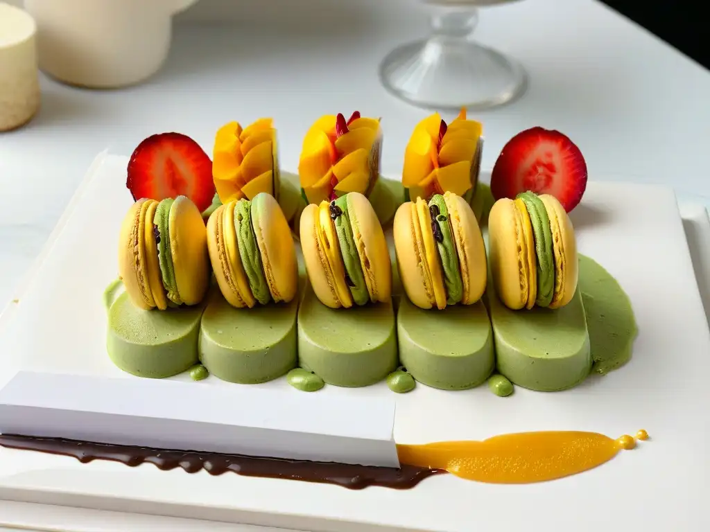 Exquisita fusión de sabores en postres gourmet Una exquisita combinación de sabores exóticos en repostería gourmet: mango, té verde matcha, chocolate y lichi con oro comestible