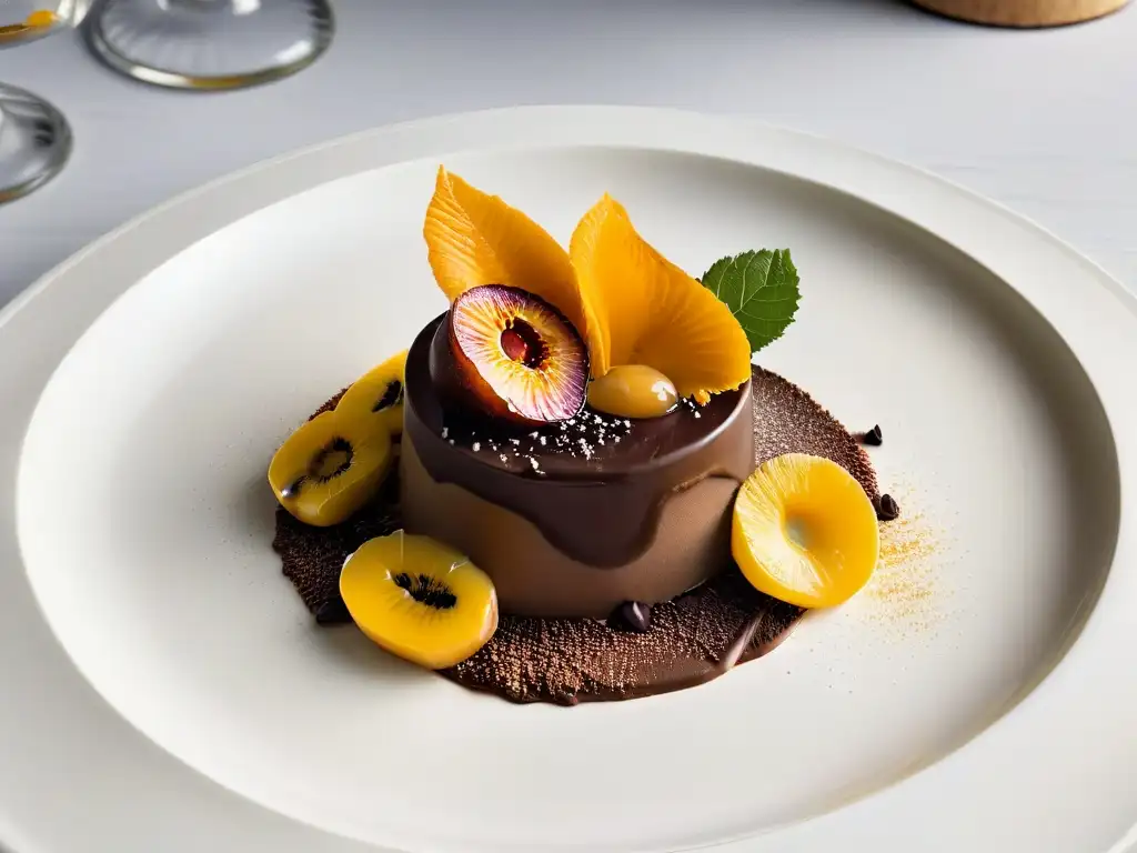 Exquisita combinación sabores opuestos postres: mousse chocolate negro con coulis maracuyá y crujiente de almendra