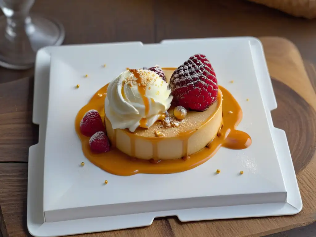 Exquisita elegancia: Helado de vainilla con caramelo y oro Exquisita combinación de sabores en un postre lujoso y sofisticado