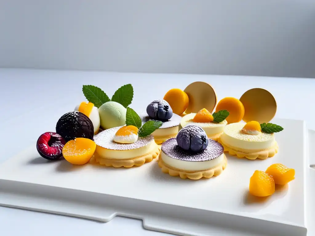 Delicias globales: postres únicos y vibrantes Una exquisita combinación de sabores en postres de tendencias globales, presentados de forma elegante y vibrante en un plato blanco