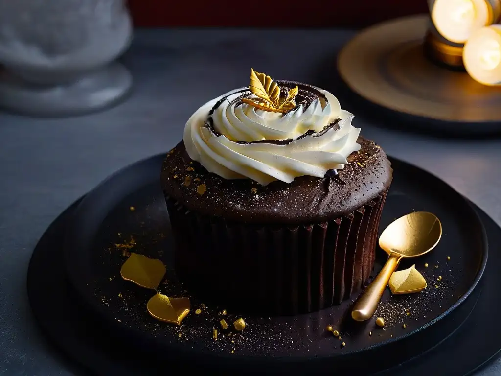Una exquisita combinación de sabores en repostería: un cupcake de chocolate ricamente decorado con crema blanca y copos de oro