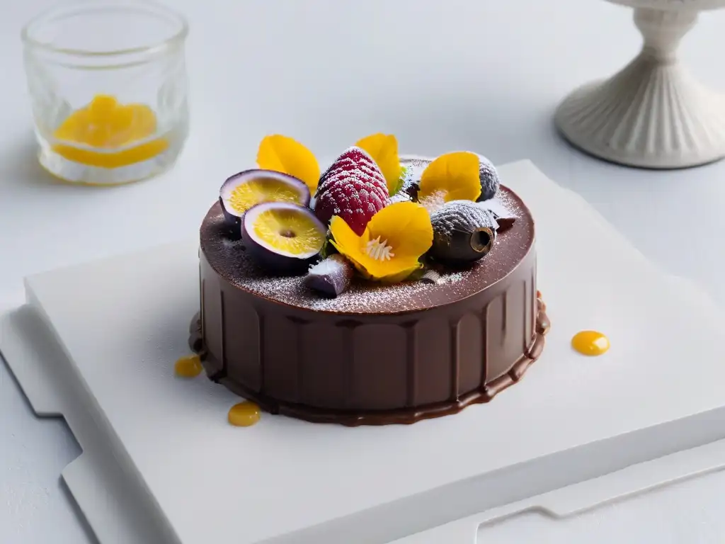 Exquisita combinación de sabores en repostería: postre delicado con ganache de chocolate y coulis de maracuyá, decorado con flores comestibles y láminas de oro