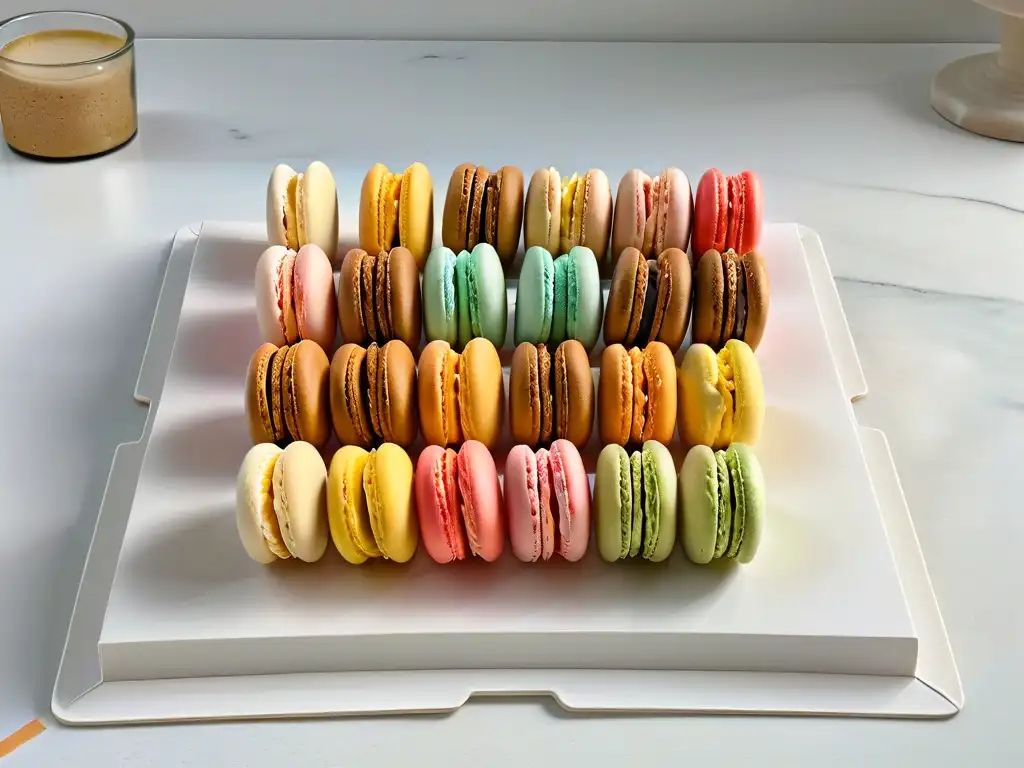 Exquisita combinación de sabores en repostería: macarons coloridos y perfectos sobre mármol