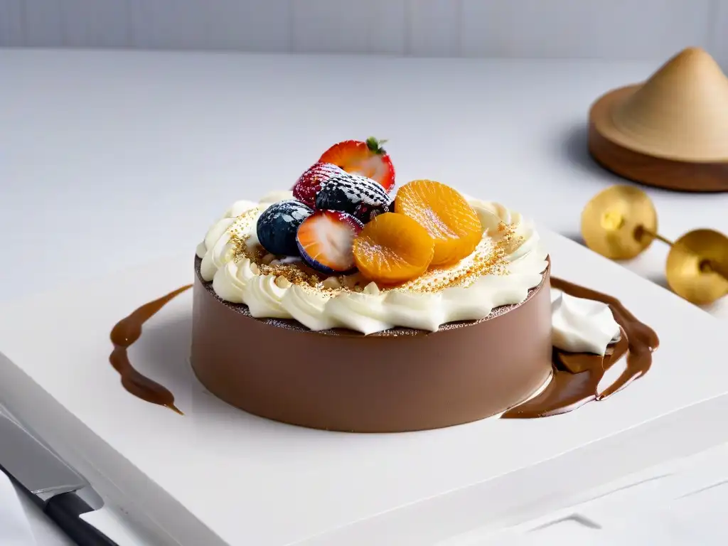 Exquisita combinación de texturas en repostería: mousse de chocolate con caramelo dorado en un elegante cuenco blanco