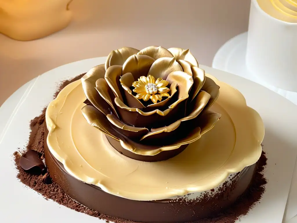 Exquisita decoración comestible en postre de alta gama con flor de azúcar artesanal y detallada