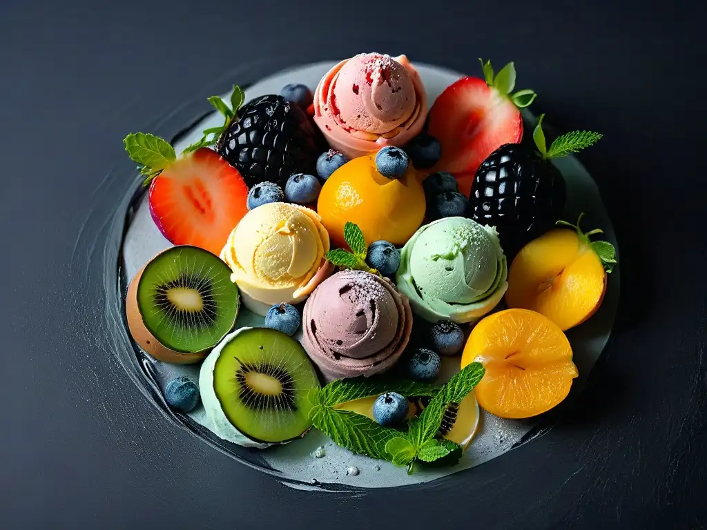 Exquisita composición circular de helados caseros saludables con frutas frescas, hojas de menta y nueces, sobre granito negro