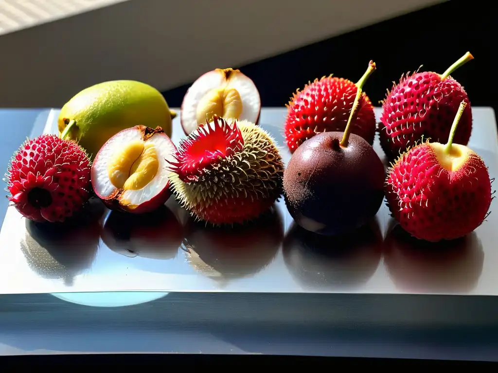 Una exquisita composición de frutas exóticas con gotas de agua sobre encimera de cocina minimalista