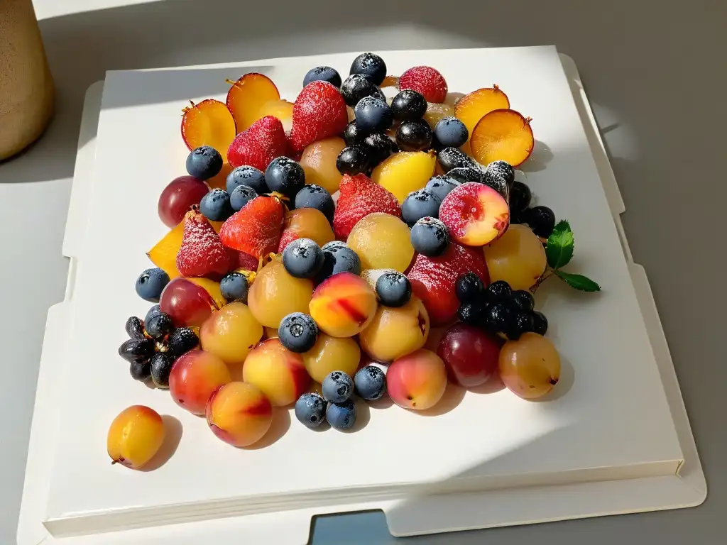 Una exquisita composición de frutas frescas brillantes en una elegante presentación minimalista