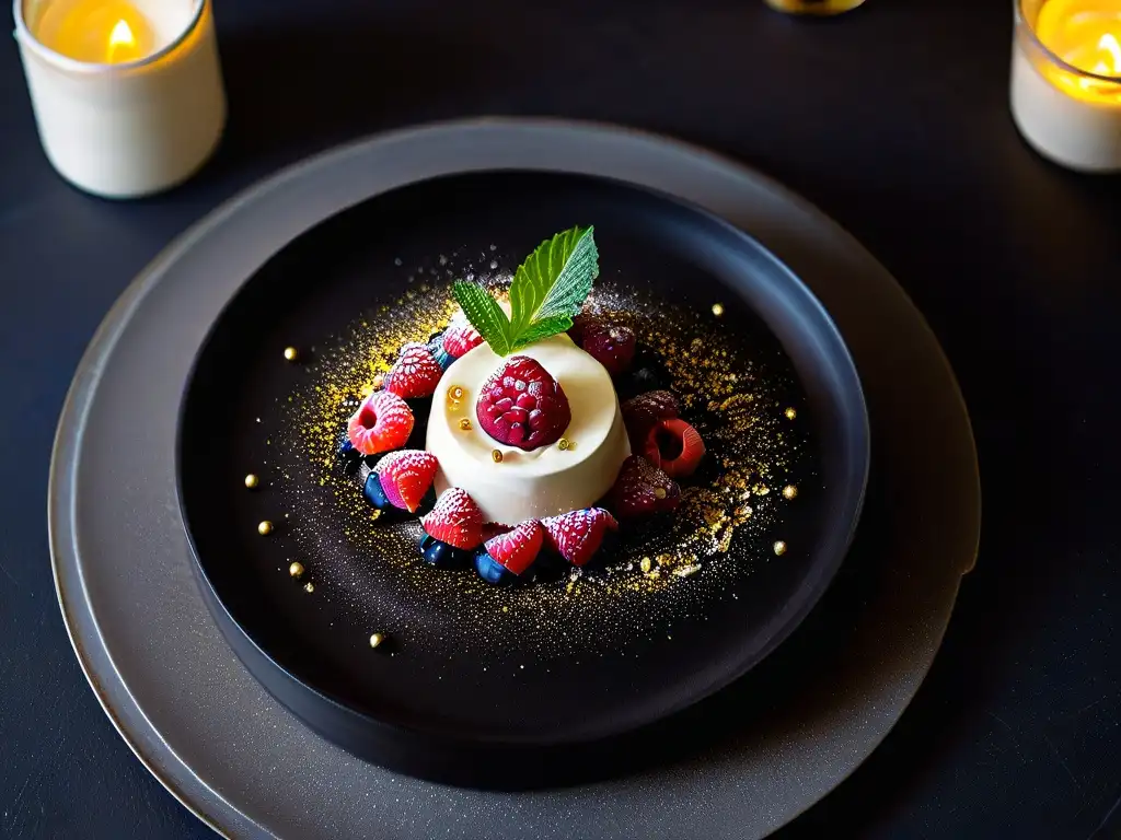 Exquisita panna cotta sin gluten con frambuesa y oro comestible en elegante plato negro