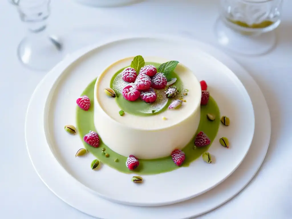 Exquisita panna cotta vegana con leche de almendras, coulis de frambuesa, menta fresca y pistachos triturados en plato blanco moderno