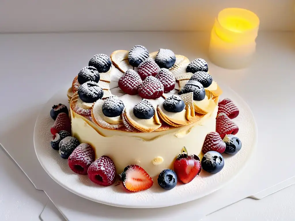 Delicia artesanal: pastel exquisito con crema y frutas frescas Una exquisita creación de menús de repostería: pastel delicado con capas de hojaldre, crema y frutas frescas en un plato blanco