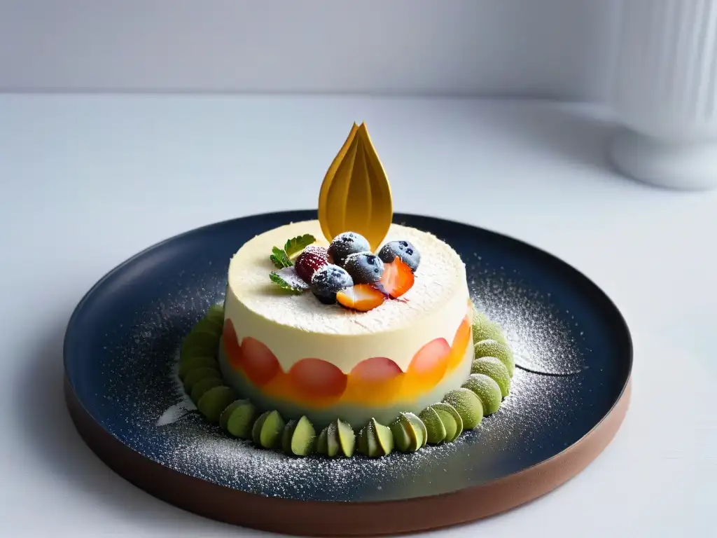 Una exquisita creación de una pastelería de vanguardia mundial, con colores vibrantes, texturas y hoja de oro comestible