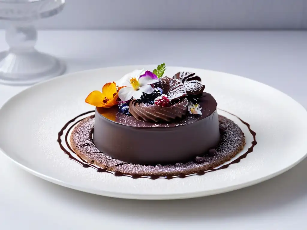 Exquisita creación de postre de chocolate con técnicas moleculares en repostería en elegante vajilla blanca