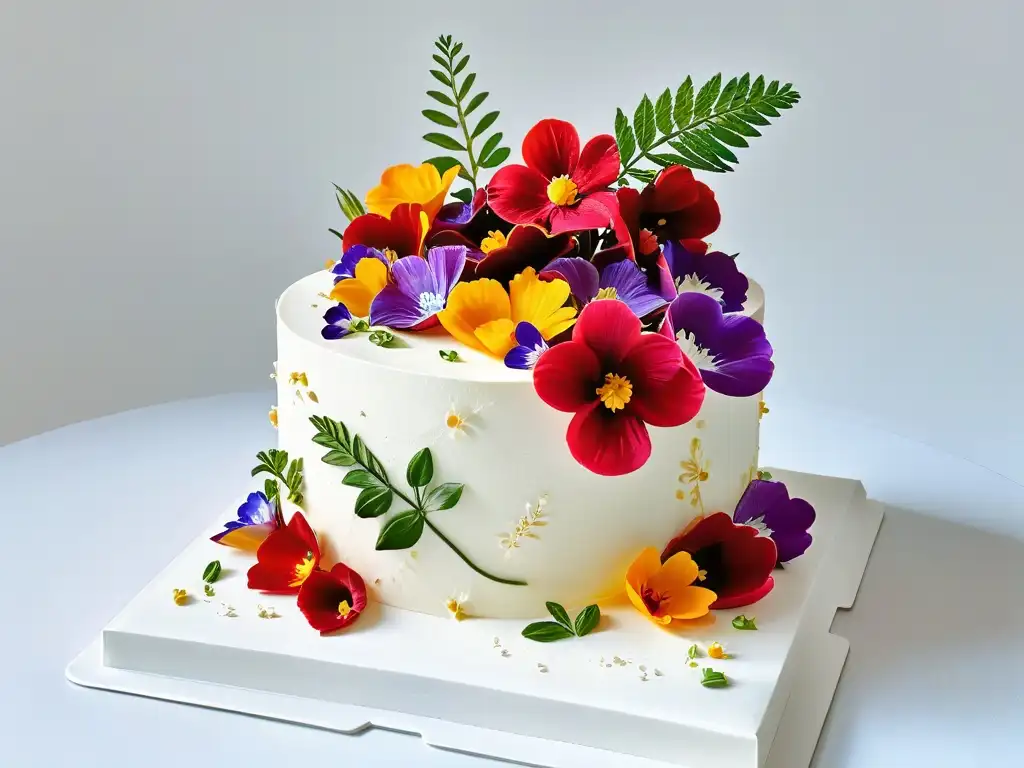 Una exquisita creación de repostería con flores comestibles en un elegante diseño floral