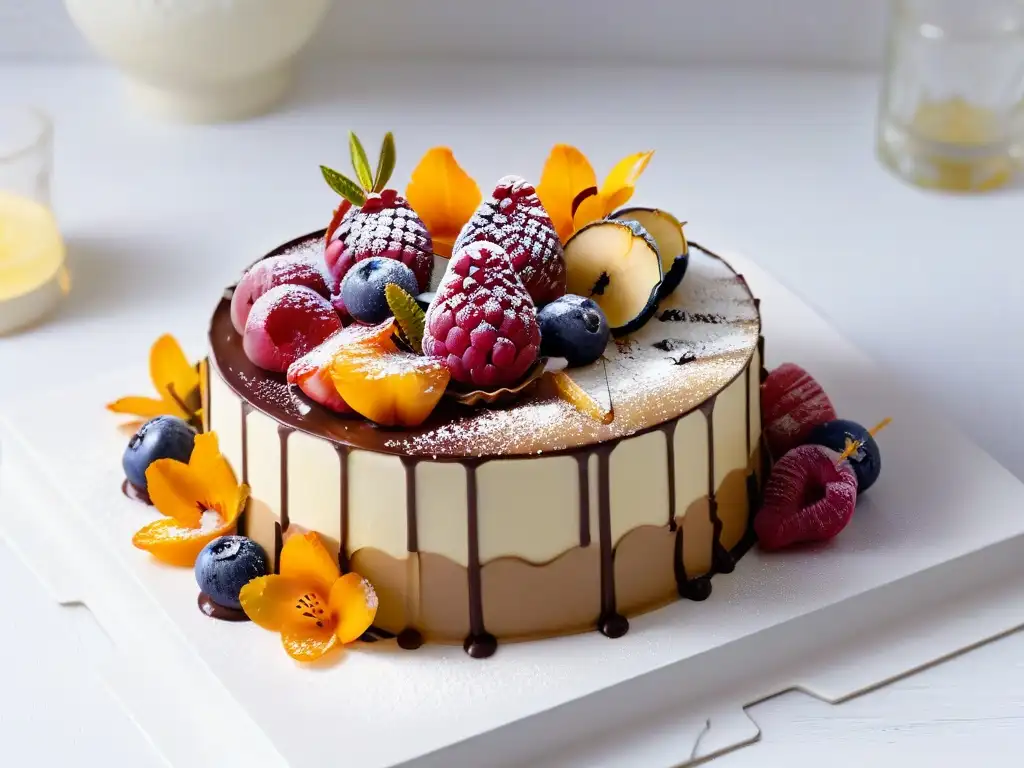 Una exquisita creación de repostería de fusión: sabores precisos en una presentación elegante y equilibrada con frutas vibrantes y chocolate