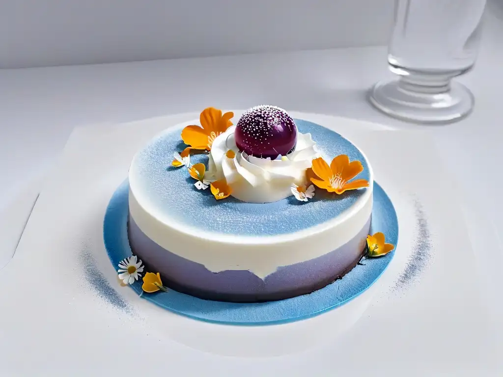 Una exquisita creación de técnicas de repostería molecular con capas coloridas, espuma y esferas, presentada con elegancia en un plato blanco