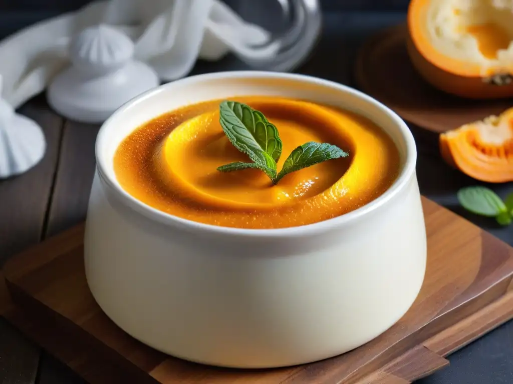 Deliciosa crema catalana de calabaza con caramelo y menta Exquisita crema catalana de calabaza en un elegante ramekin blanco sobre mesa de madera