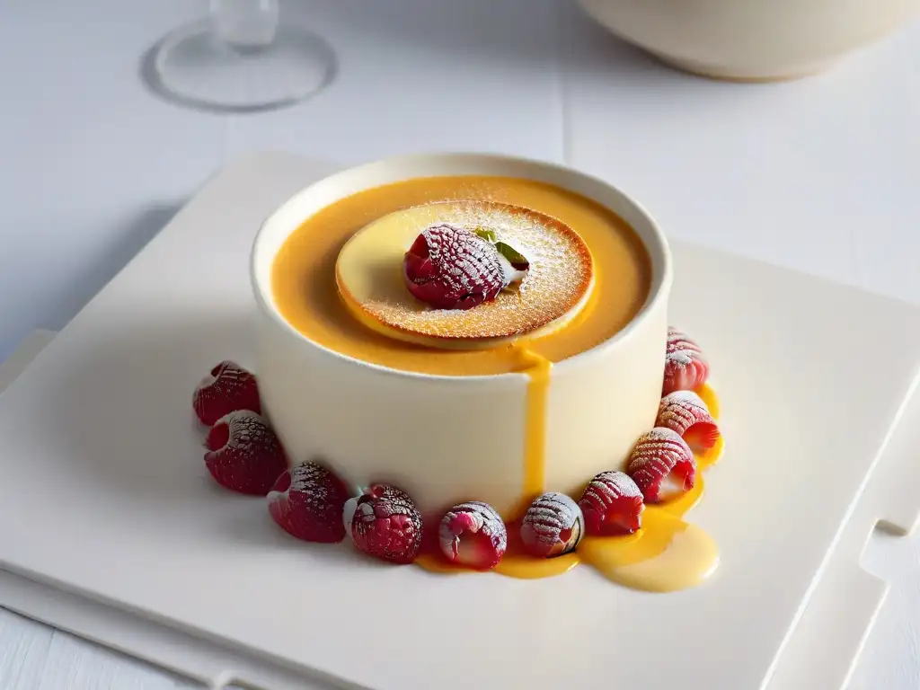 Una exquisita Crema Catalana con caramelo dorado y frambuesa, en ramekin español