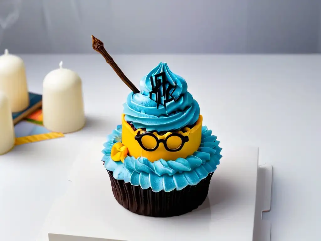 Una exquisita cupcake decorada con detalles de Harry Potter sobre fondo blanco, ideal para inspirar merchandising temático para repostería