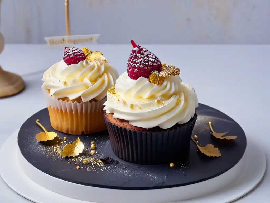 Exquisita cupcake con hojuelas de oro y frambuesa sobre granito negro