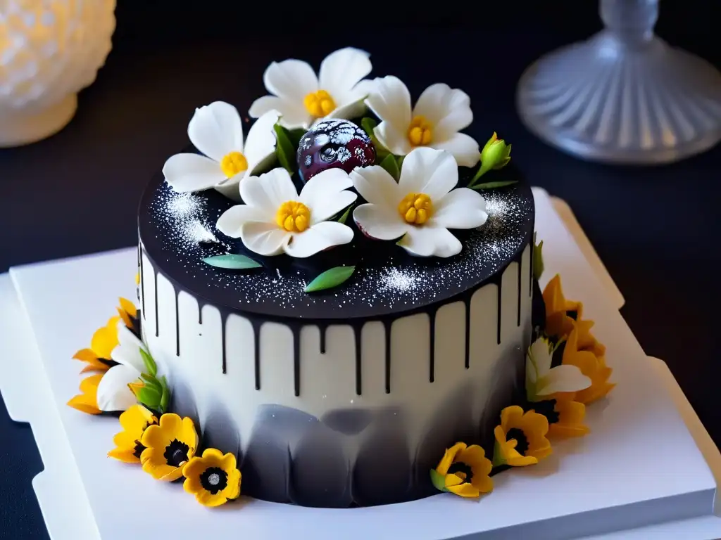 Exquisita decoración postres lujo impresión 3D en detalle: flores de azúcar y patrones geométricos en postre elegante sobre fondo negro