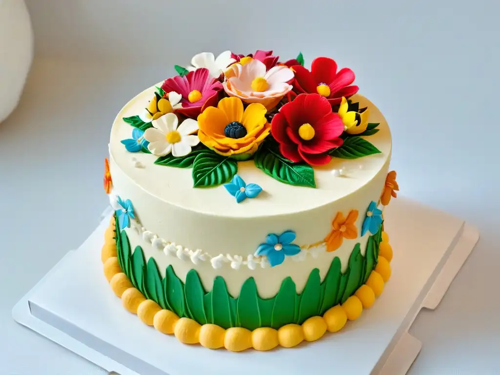 Una exquisita decoración de pasteles tendencias globales con flores de azúcar y detalles elegantes en vibrantes colores y diseño minimalista