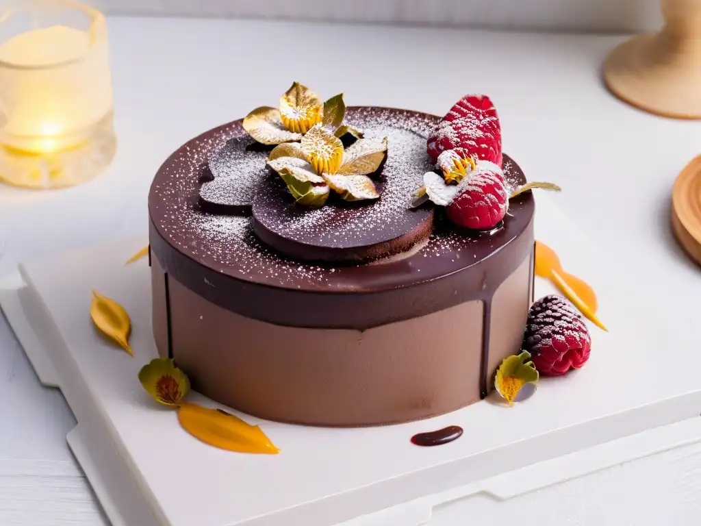 Exquisita decoración postres lujo técnicas avanzadas: torta de chocolate con láminas doradas, flores comestibles y coulis de frambuesa