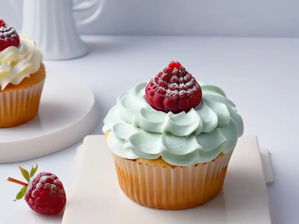 Una exquisita y detallada imagen de un cupcake perfectamente decorado con frambuesa, mostrando la democratización de la repostería accesible