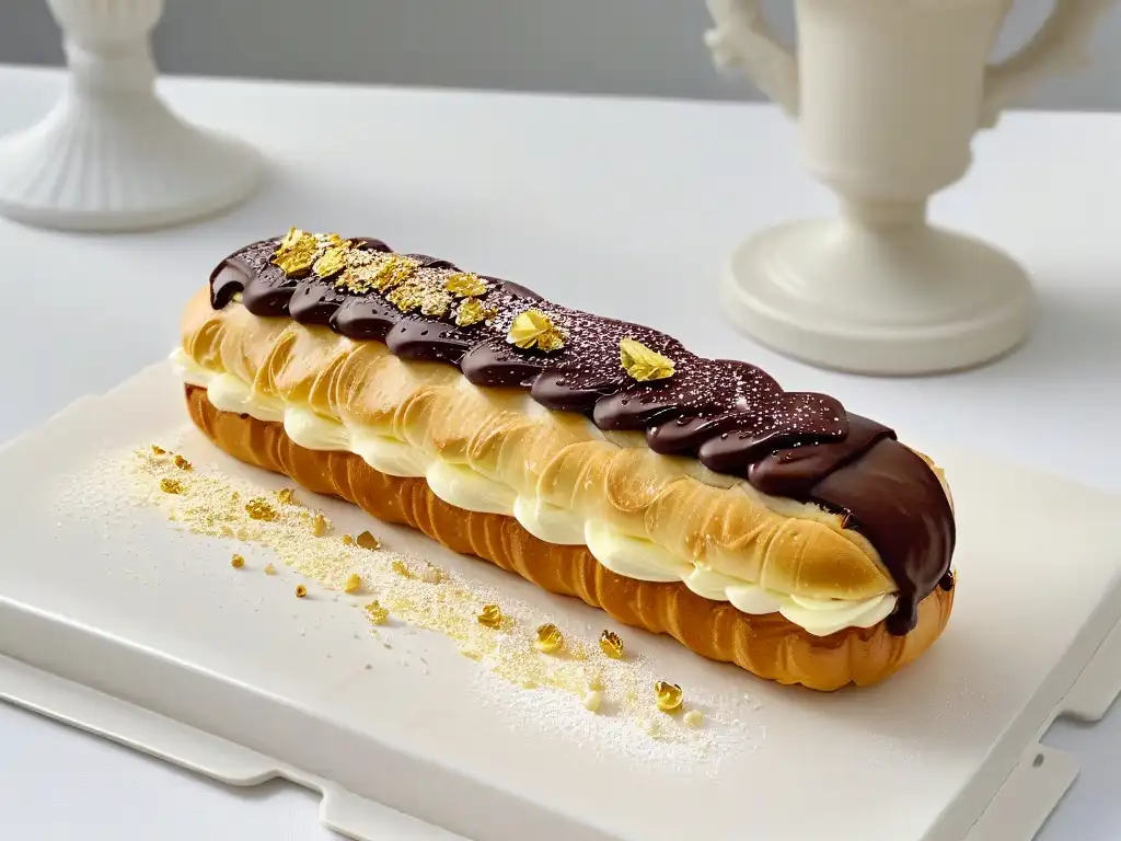 Una exquisita y detallada imagen de un delicado éclair con ganache de chocolate y láminas de oro, en un plato blanco con azúcar glas