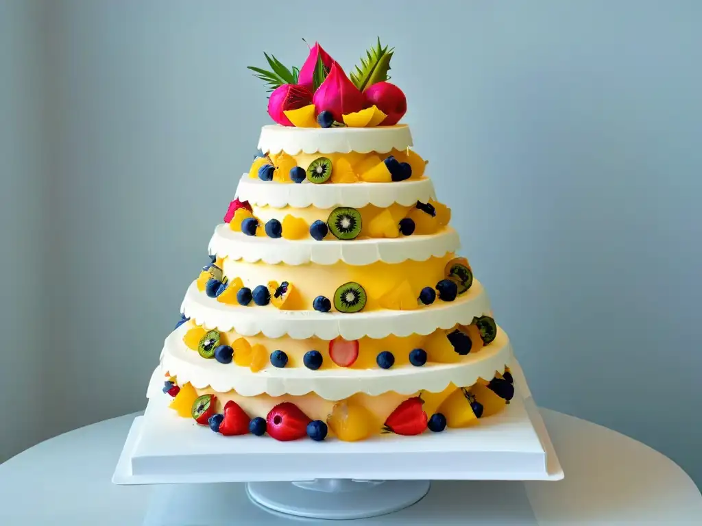 Una exquisita y detallada decoración de pasteles de boda con frutas exóticas como pitahaya, maracuyá y carambola
