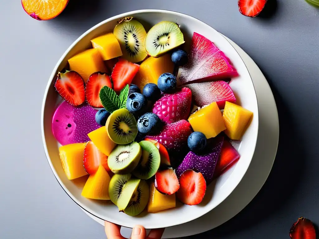 Una exquisita ensalada de frutas con sobras de todo el mundo en un bol minimalista, vibrante y colorida