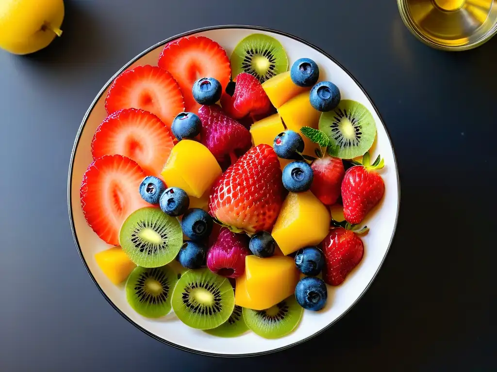 Una exquisita ensalada de frutas en un tazón moderno con detalle hiperrealista