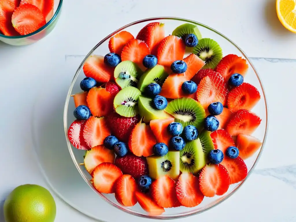 Exquisita ensalada de frutas veganas en un elegante recipiente de vidrio sobre encimera de mármol