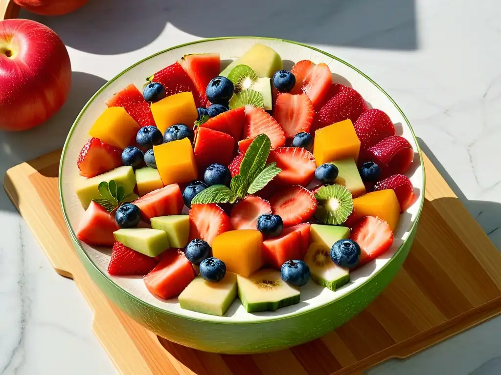 Deliciosa ensalada de frutas: frescura y color en cada bocado Una exquisita ensalada de frutas vibrante y colorida en un elegante bol, sobre una encimera de mármol