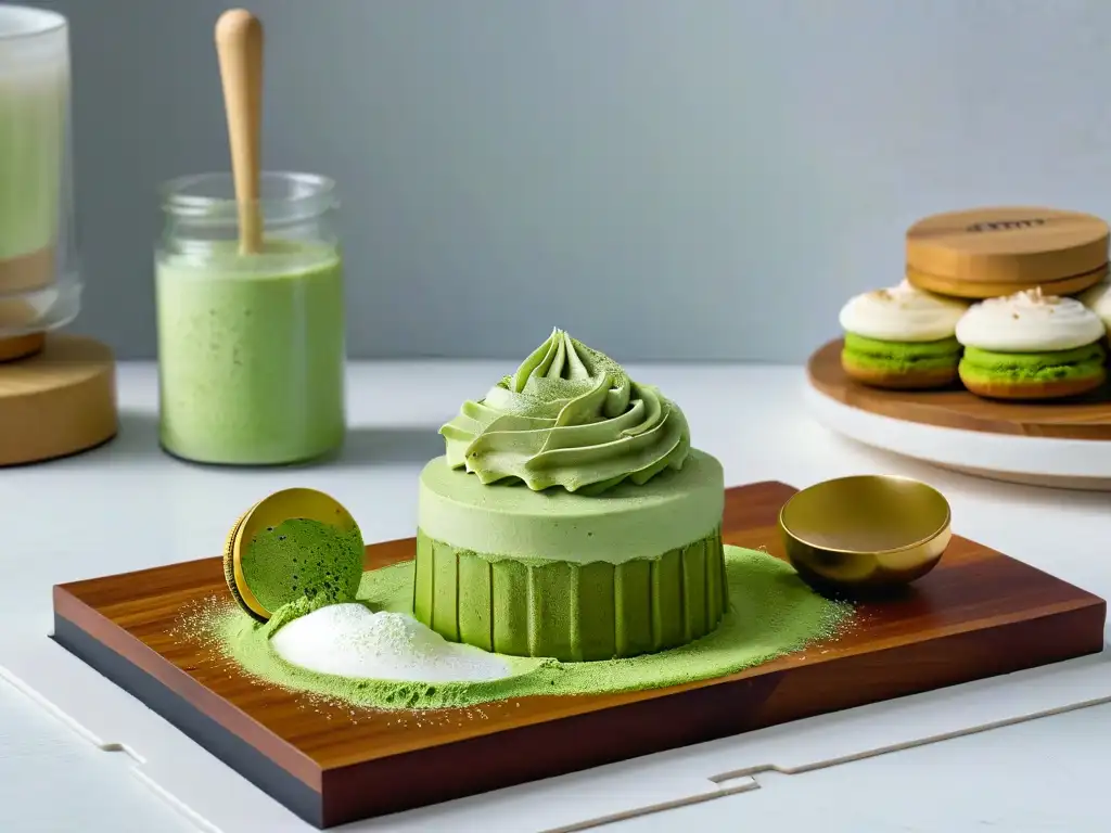 Una exquisita escena de postres con matcha de calidad superior: delicias de matcha en un elegante entorno de mármol blanco