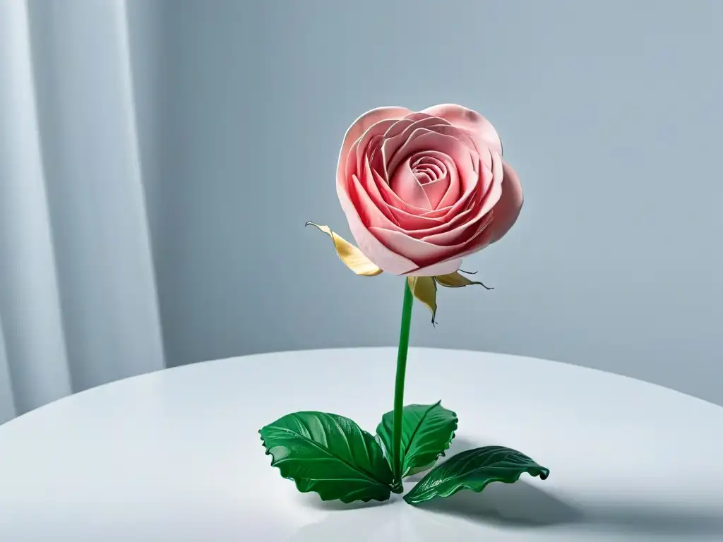 Exquisita escultura de azúcar en forma de rosa, con detalles intrincados y acabado brillante
