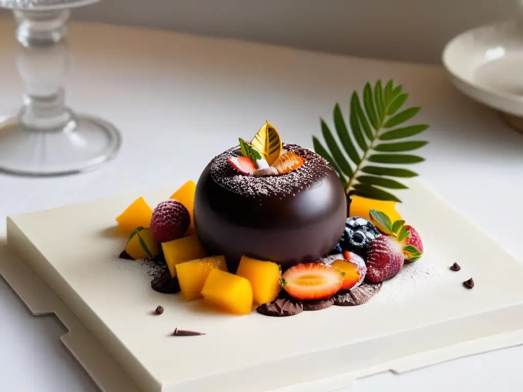 Exquisita esfera de chocolate rellena de frutas tropicales, decorada con lámina de oro, en un elegante escenario de restaurante de alta gama