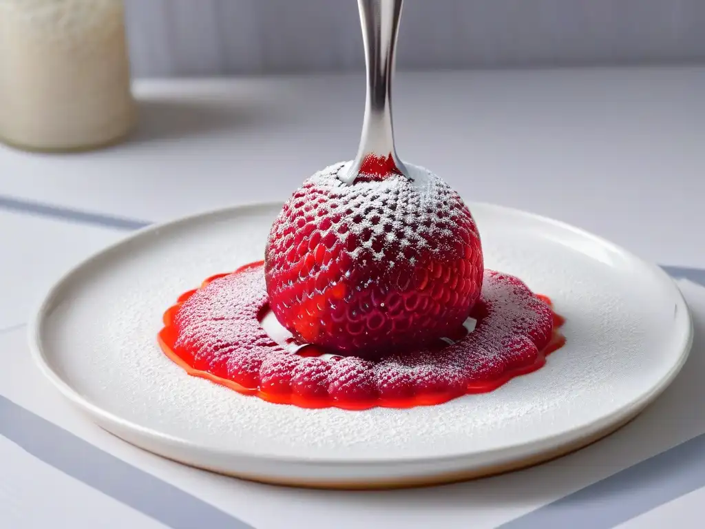 Exquisita esfera de gelatina de frambuesa en cuchara de plata, destacando las técnicas de gelificación en repostería