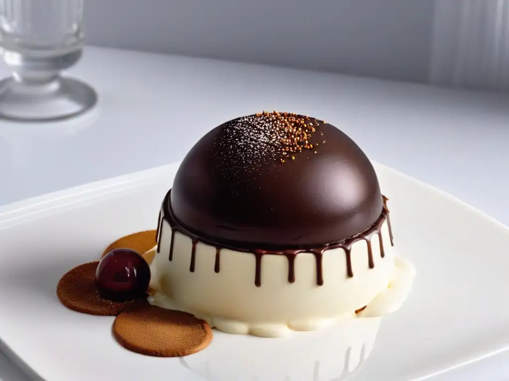 Exquisita esfera de trufa de chocolate envuelta en emulsiones en repostería molecular