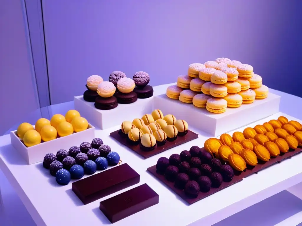 Exquisita estación de postres en evento corporativo con macarons, tartaletas y trufas, decorada con elegancia