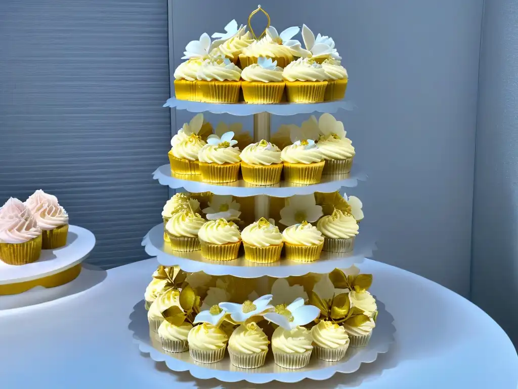 Una exquisita exhibición de cupcakes para bodas creativos, con diseños intricados y colores pastel delicados, una verdadera fiesta visual