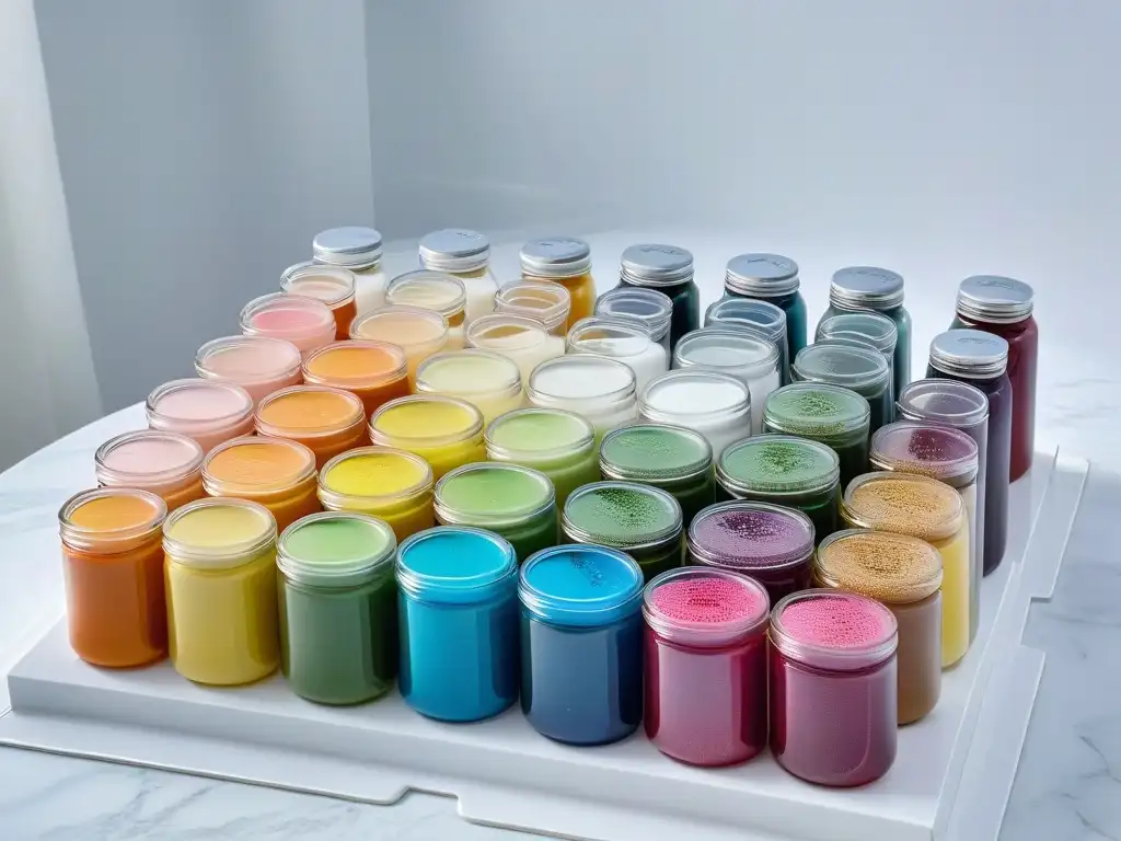 Una exquisita exhibición de colores comestibles para repostería en frascos sobre mármol blanco