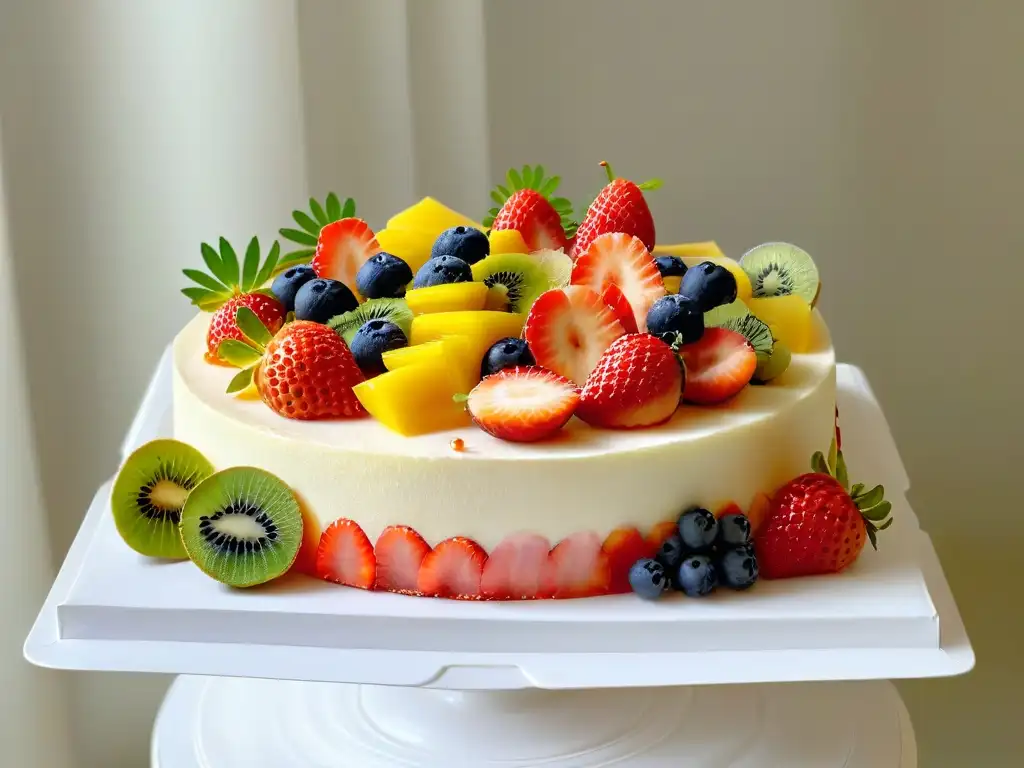 Diseño artístico de frutas tropicales frescas en mármol blanco Una exquisita exhibición de frutas tropicales recién cortadas sobre un soporte de mármol blanco