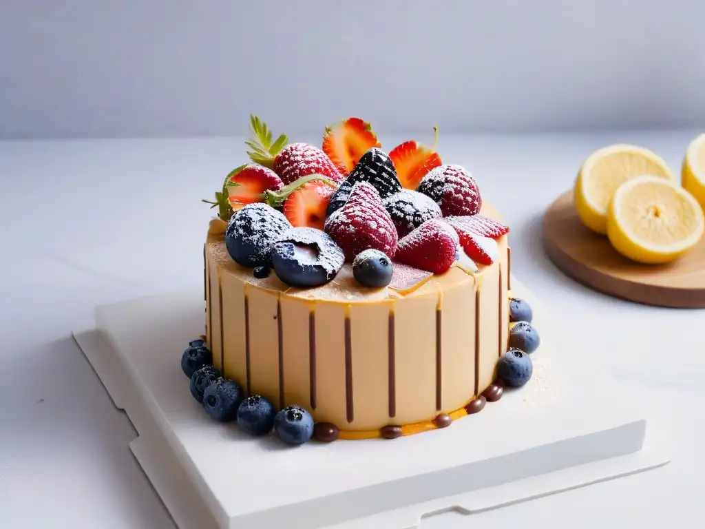 Una exquisita exhibición de pasteles sin gluten saludables decorados con frutas y flores comestibles en una encimera de mármol blanco moderno