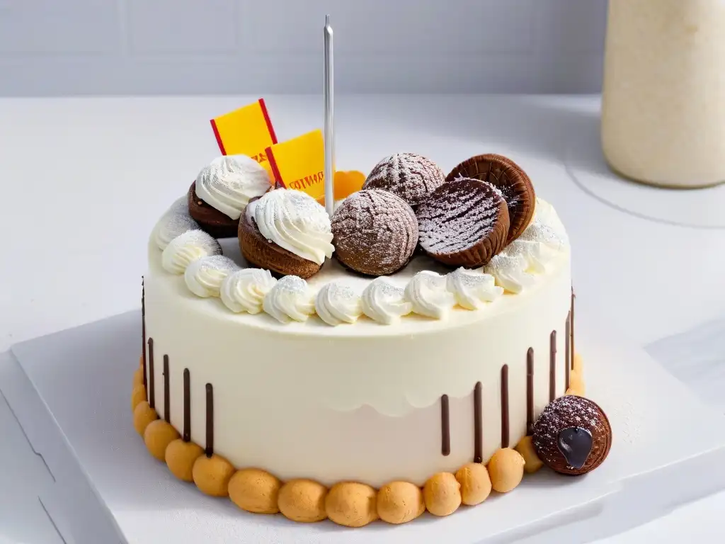 Dulces de Milk Bar: Detalles y Colores Vibrantes Una exquisita exhibición de postres de Milk Bar por Christina Tosi en mármol blanco